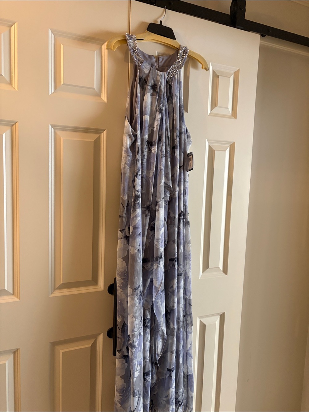 SLNY Light Blue Floral Halter Evening Gown